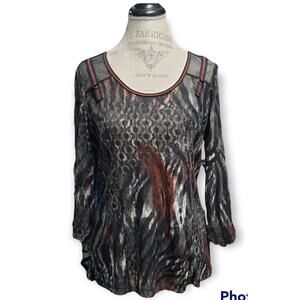 Rachel Cole Leaf Design 3/4 Sleeve Lace Shoulder Orange Trim Shirt - Size Medium